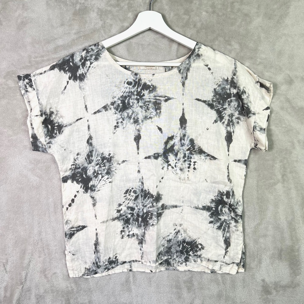 Bellambra Womens Gray Tie Dye Small Linen Short Sleeve Top Italy Boho Coastal